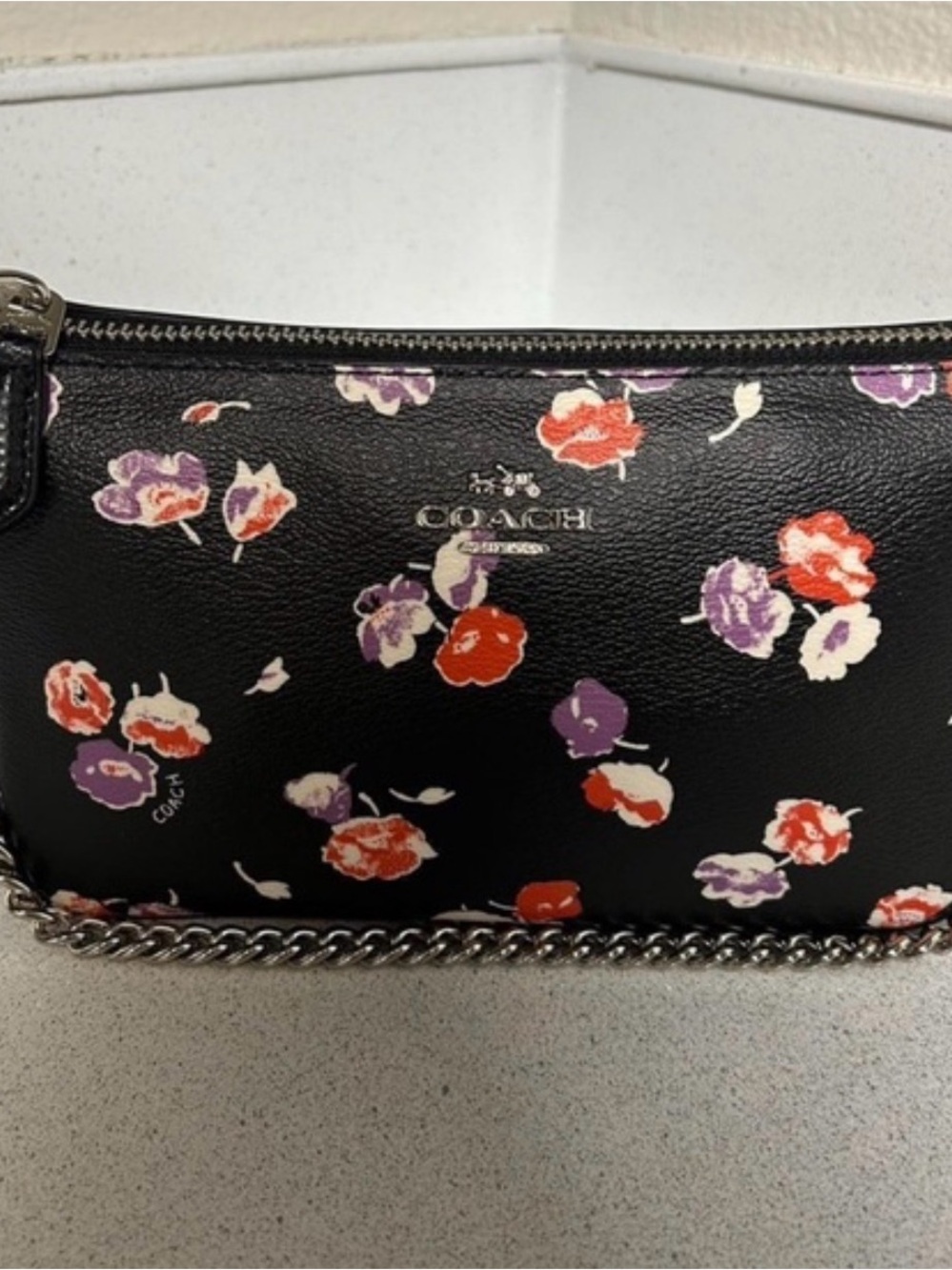 COACH Black Floral Leather Chain Shoulder Bag